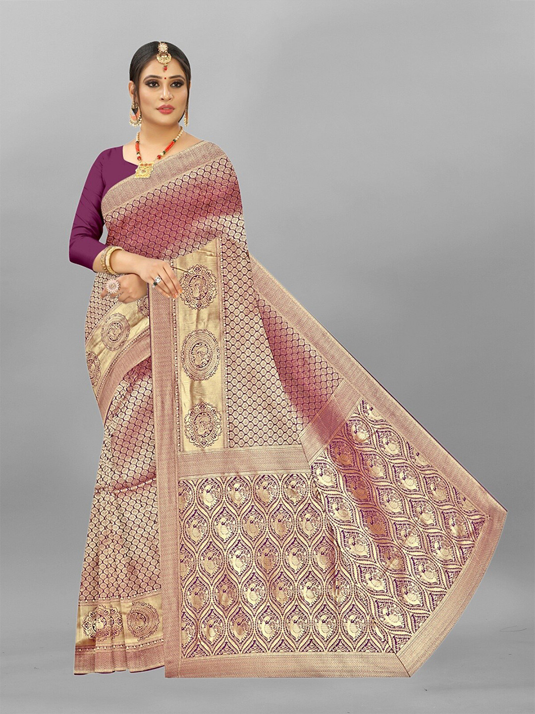 

APNISHA Ethnic Motif Woven Design Zari Pure Silk Saree, Purple