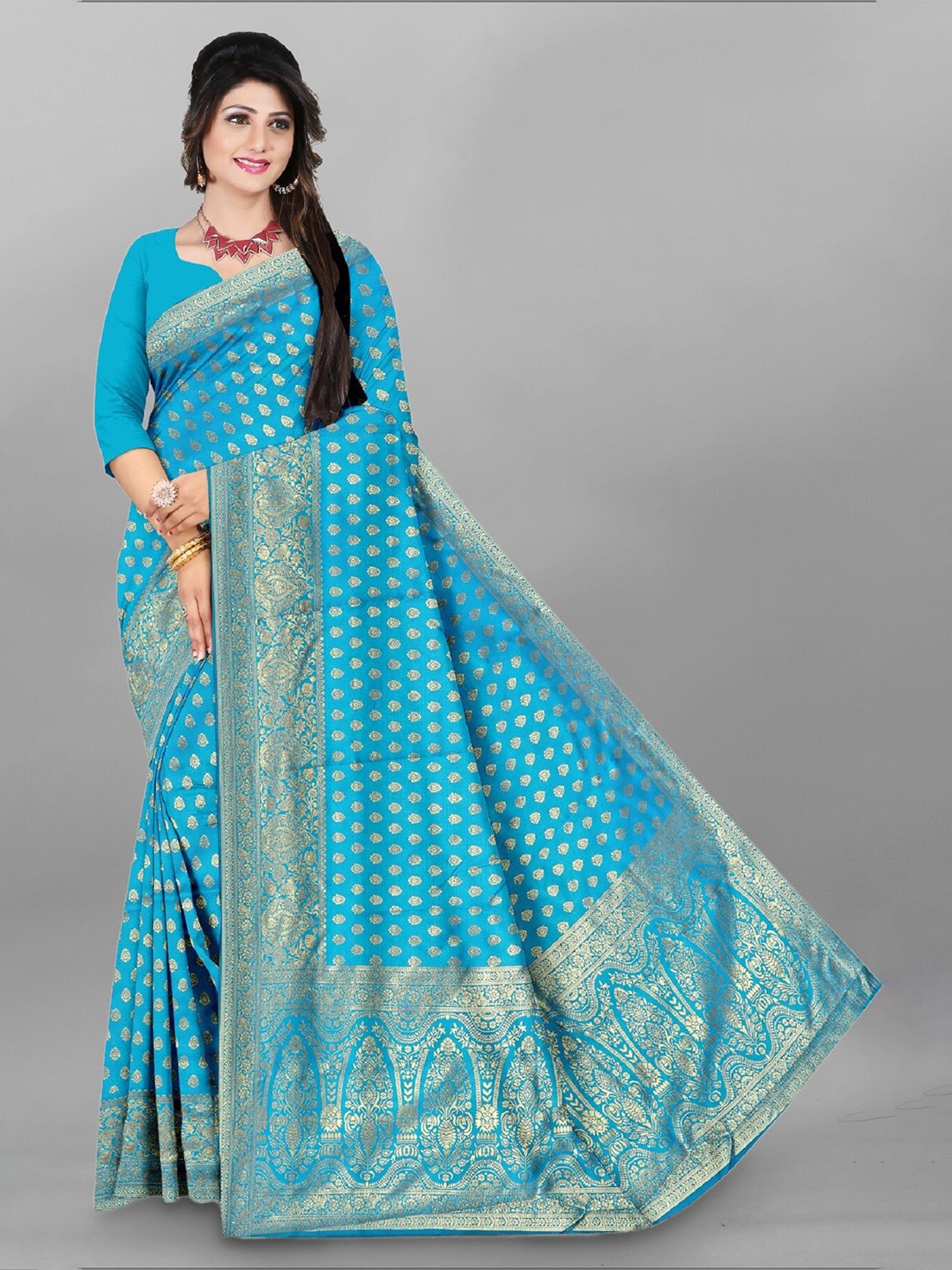 

APNISHA Ethnic Motif Woven Design Zari Pure Silk Saree, Turquoise blue