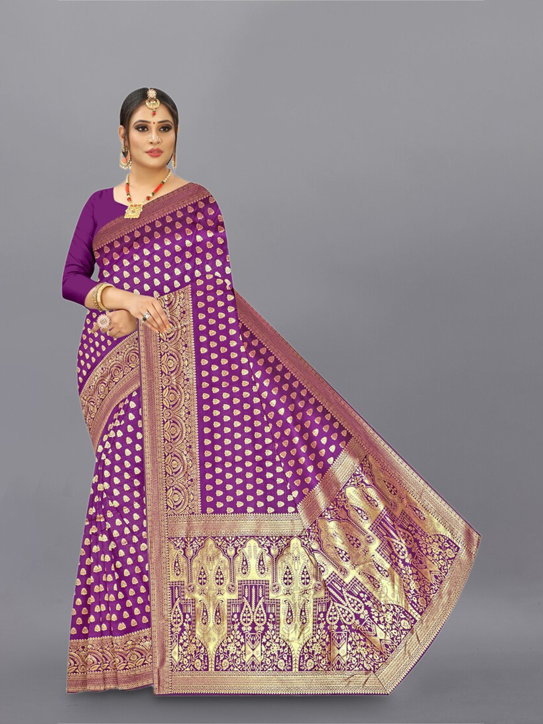 

APNISHA Ethnic Motif Woven Design Zari Pure Silk Saree, Purple