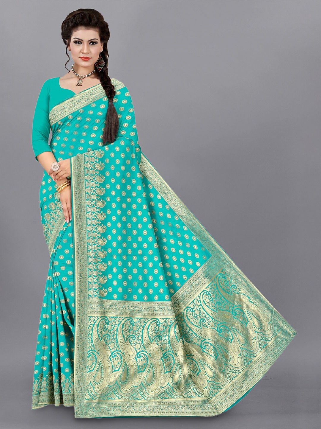 

APNISHA Ethnic Motif Woven Design Zari Pure Silk Saree, Sea green