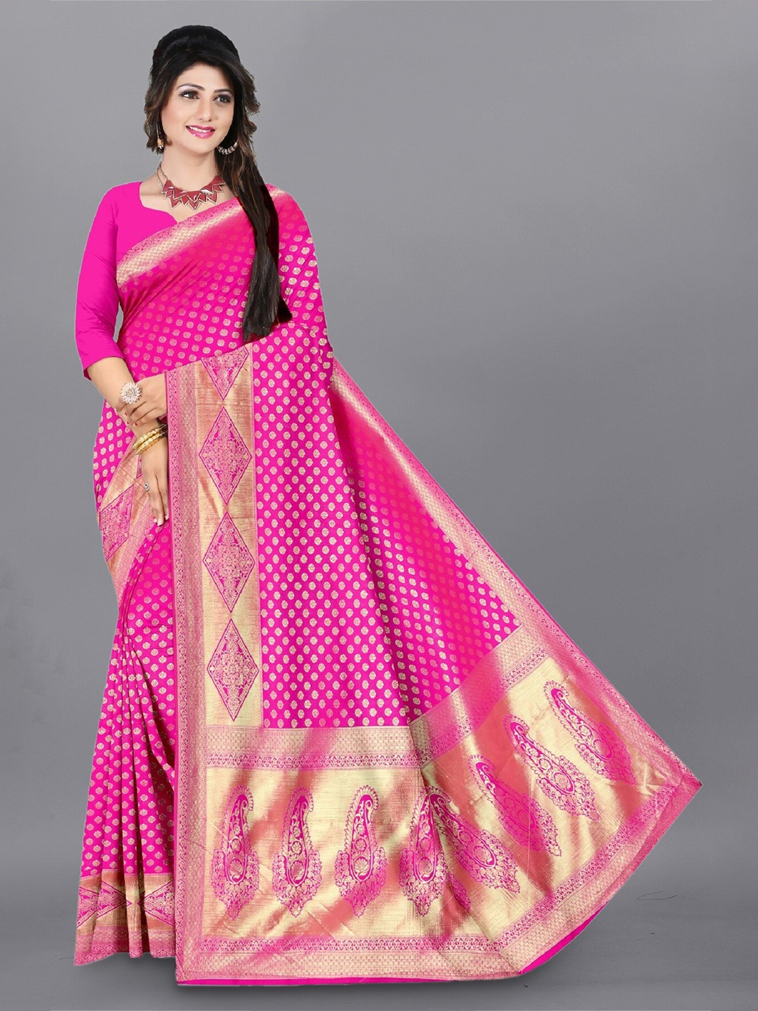 

APNISHA Ethnic Motif Woven Design Zari Pure Silk Saree, Pink