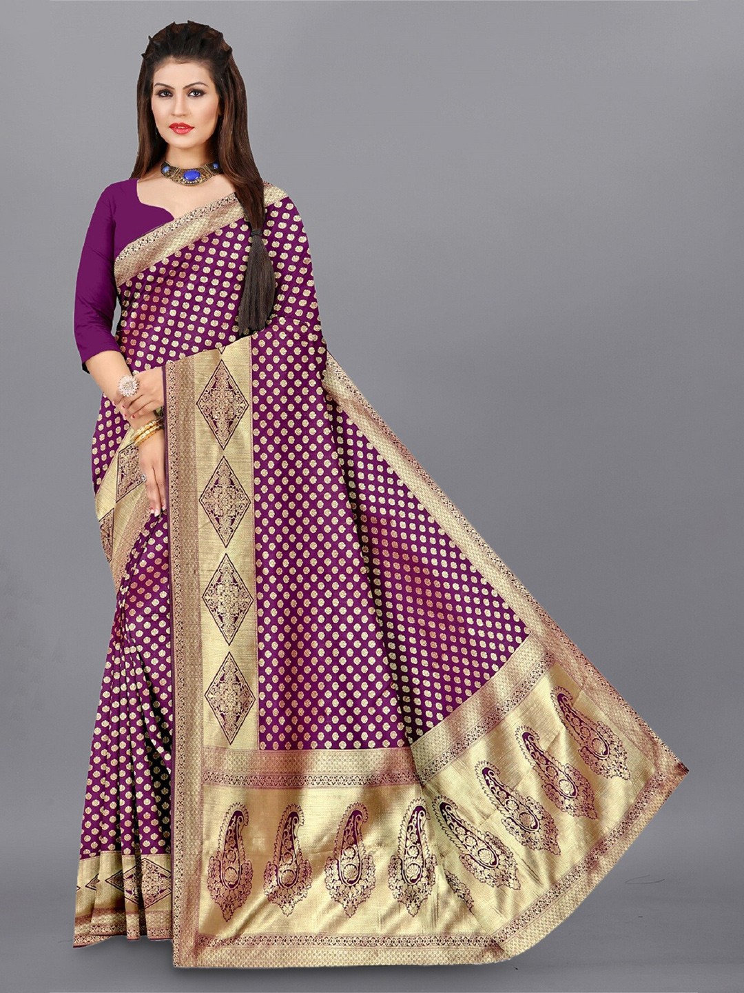 

APNISHA Ethnic Motif Woven Design Zari Pure Silk Saree, Purple