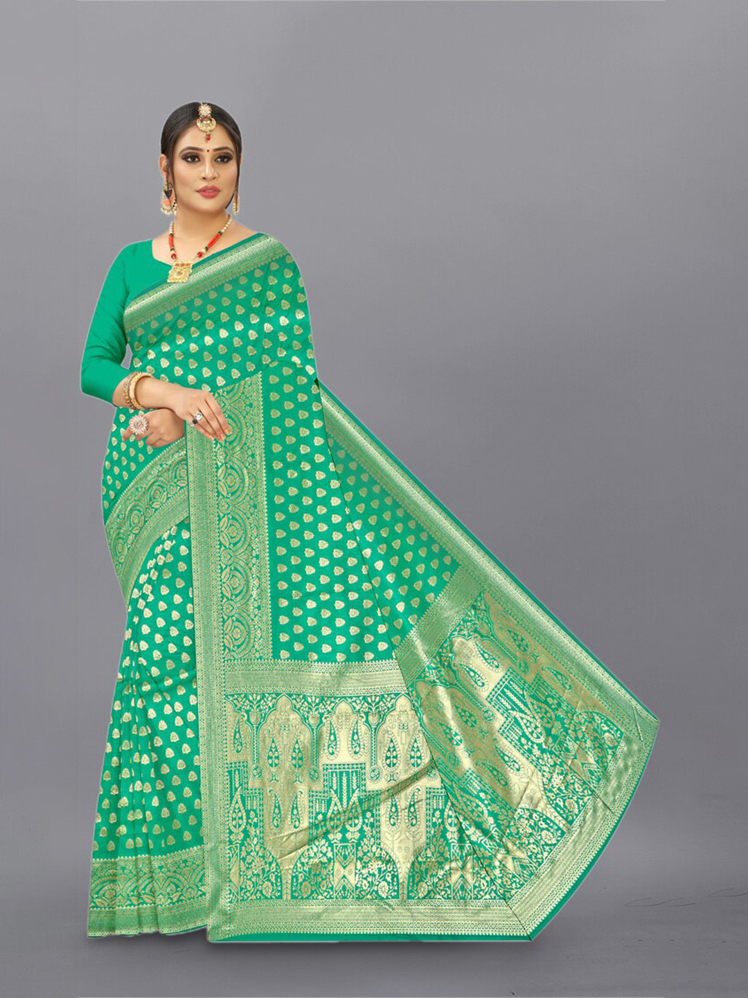 

APNISHA Woven Design Zari Pure Silk Saree, Green