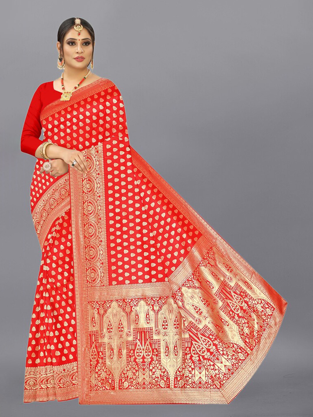 

APNISHA Ethnic Motifs Woven Design Zari Pure Silk Saree, Red