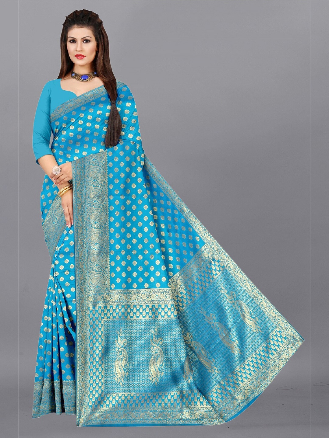 

APNISHA Woven Design Zari Pure Silk Saree, Turquoise blue