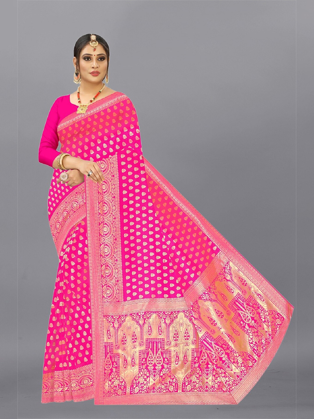 

APNISHA Woven Design Zari Pure Silk Saree, Pink