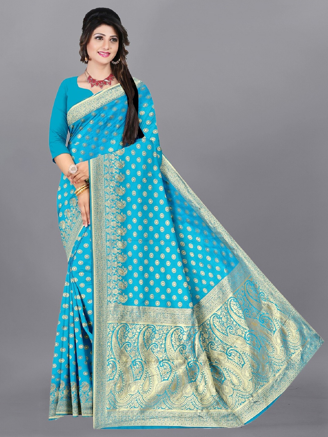 

APNISHA Woven Design Zari Pure Silk Saree, Turquoise blue
