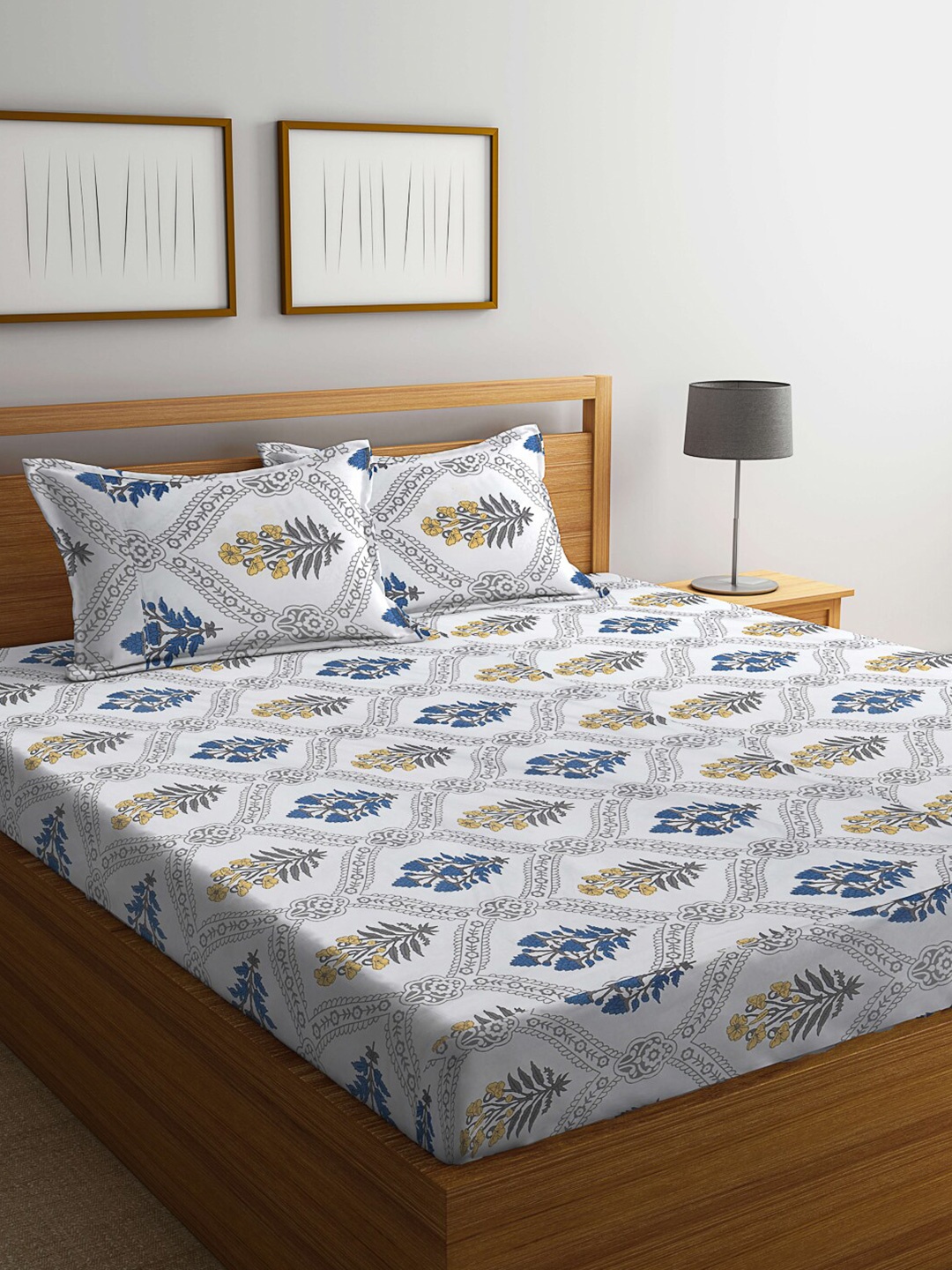 

KLOTTHE White & Blue Floral-Printed 300TC Fitted Double King Bedsheet With 2 Pillow Covers