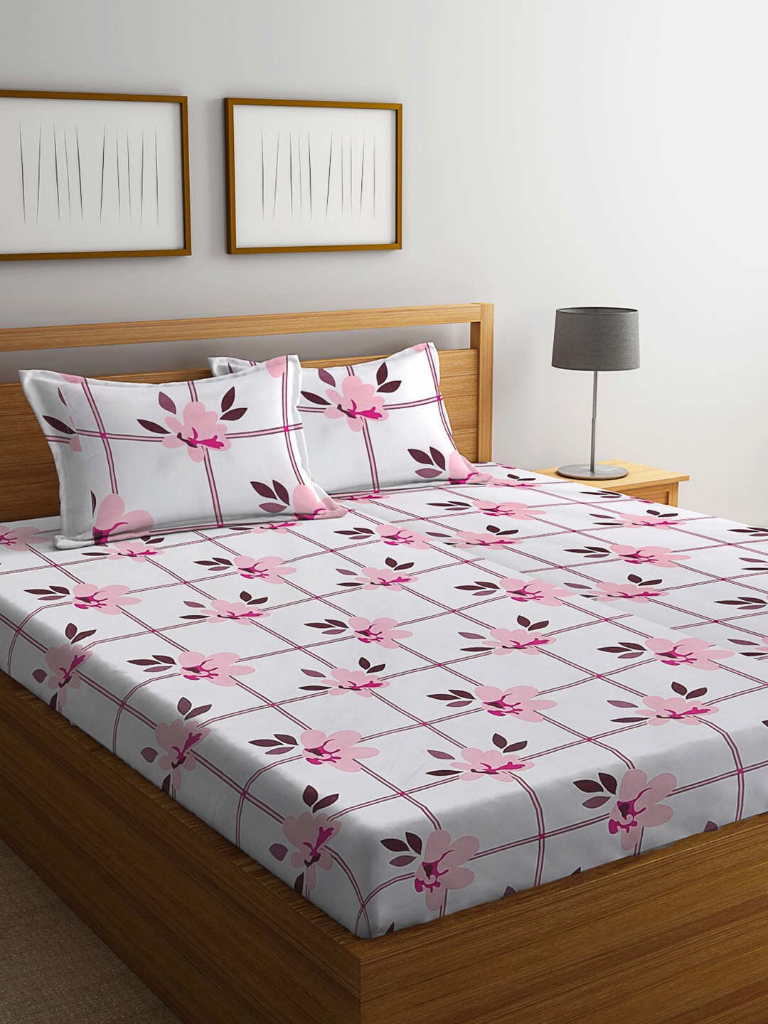 

KLOTTHE White & Pink Floral-Printed 300TC Fitted Double King Bedsheet With 2 Pillow Covers