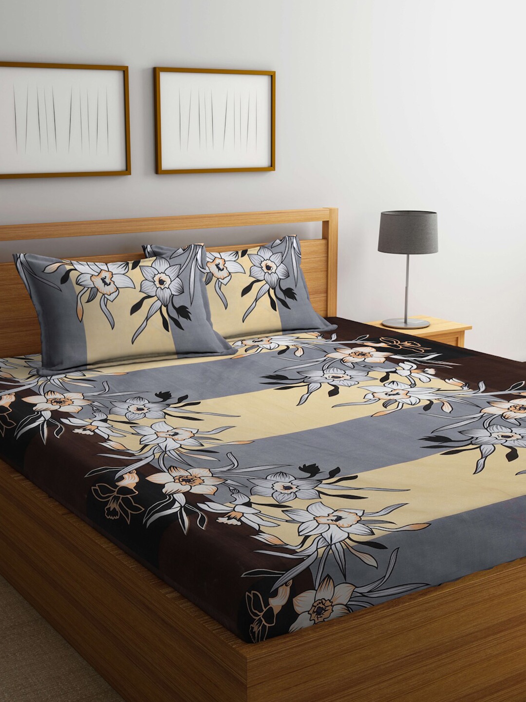 

KLOTTHE Grey & Yellow Floral-Printed 300TC Fitted King Bedsheet With Pillow Cover
