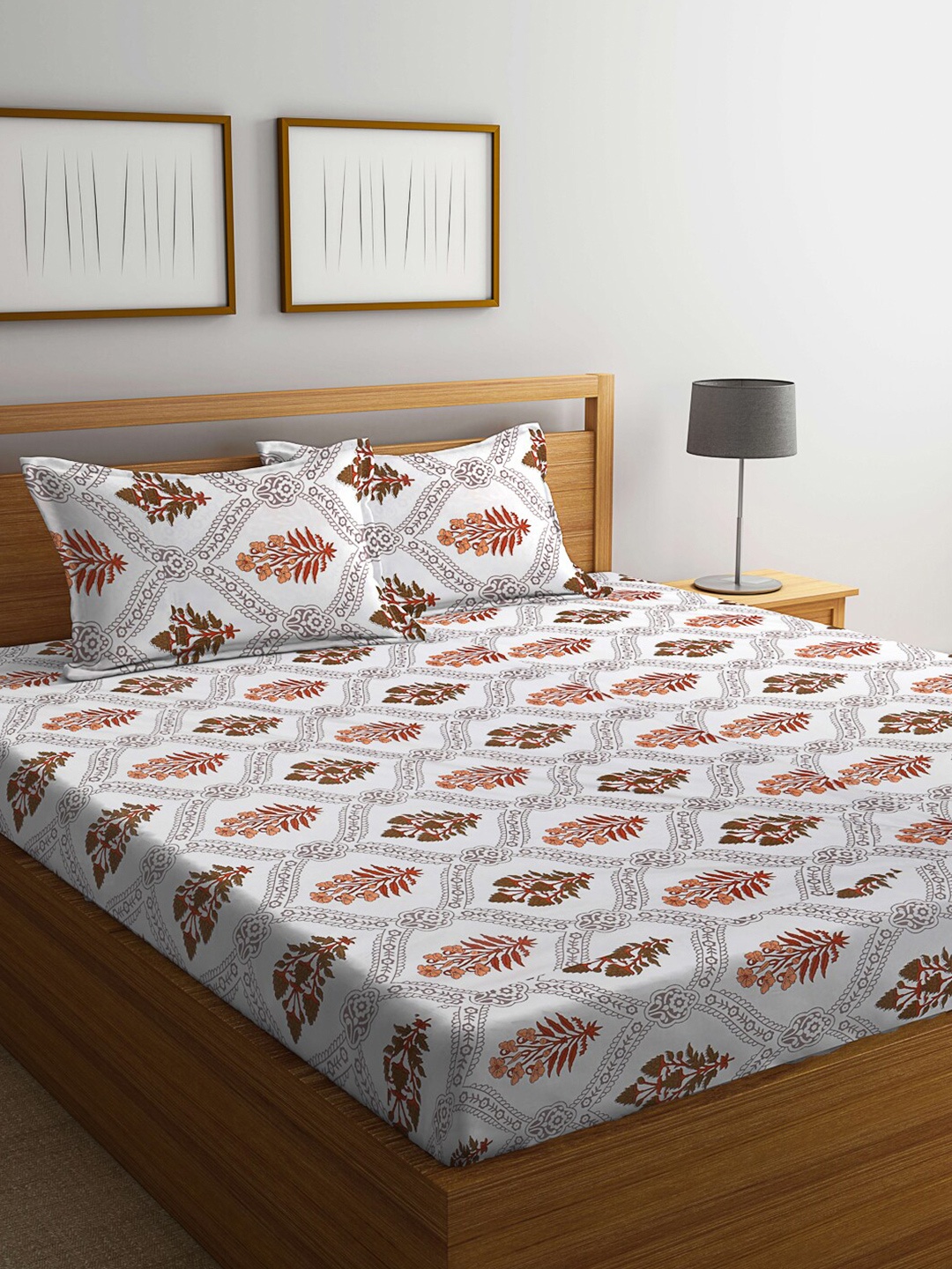 

KLOTTHE White & Brown Ethnic Motifs Printed 300TC Fitted King Bedsheet With Pillow Cover