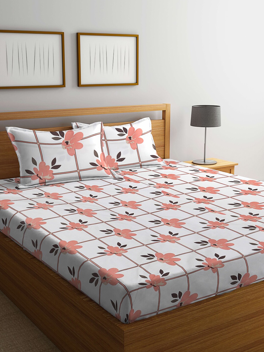 

KLOTTHE White & Red Printed 300 TC Fitted King Bedsheet With 2 Pillow Covers