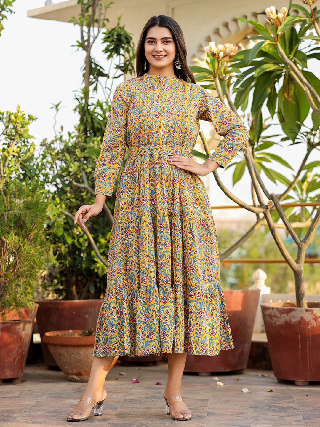 

KAAJH Floral Printed Cotton Midi A-Line Ethnic Dress, Yellow