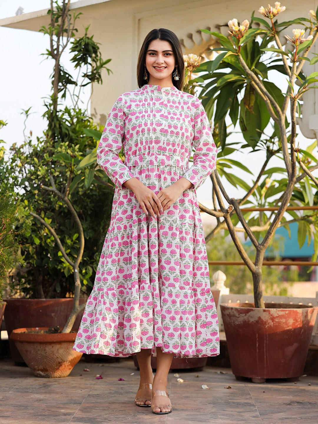 

KAAJH Floral Printed Fit & Flare Cotton Midi Ethnic Dress, Pink