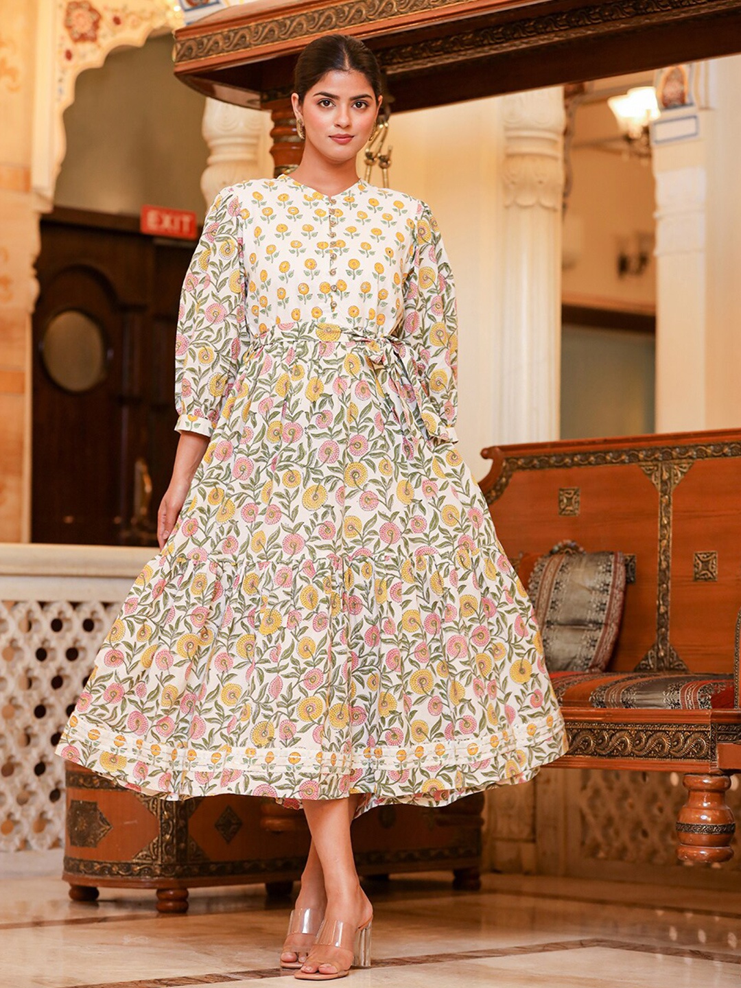 

KAAJH Floral Printed Cotton Midi Fit & Flare Ethnic Dress, Off white
