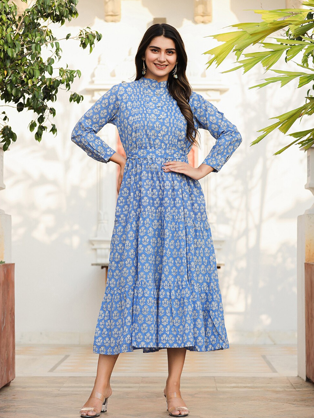 

KAAJH Ethnic Motifs Printed Cotton Fit & Flare Midi Ethnic Dress, Blue