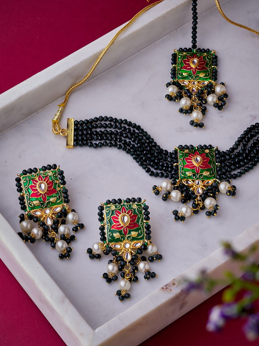 

ATIBELLE Gold-Plated Stone-Studded & Beaded Necklace & Earrings