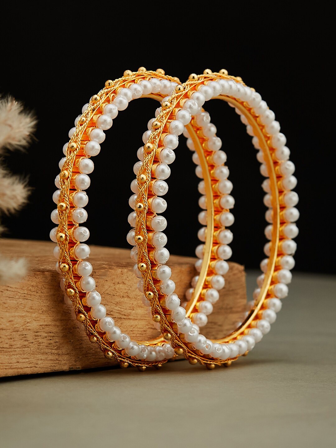 

ATIBELLE Set Of 2 Gold-Plated & Beaded Bangles