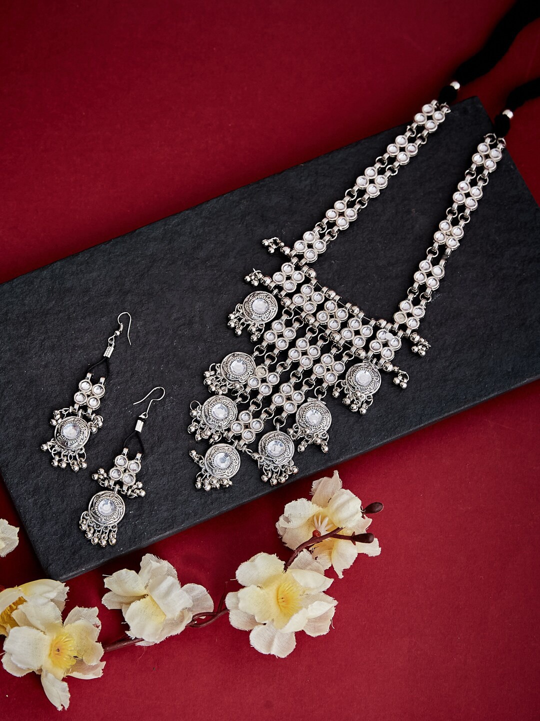

ATIBELLE German Silver Silver-Plated Stone-Studded Necklace & Earrings