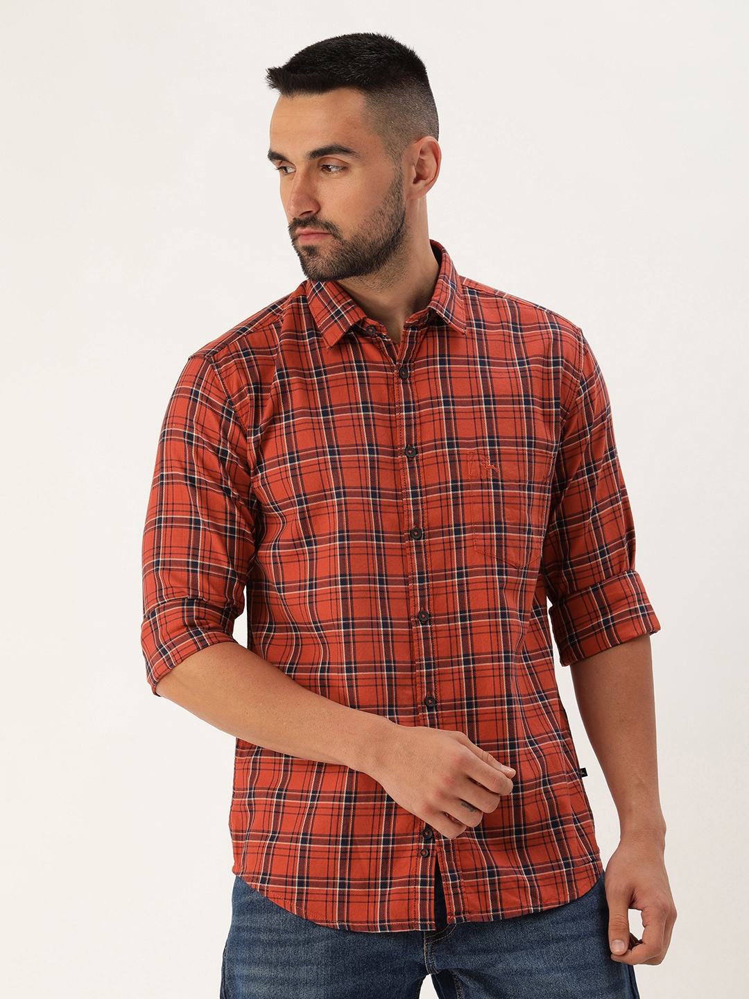 

Parx Men Slim Fit Tartan Checks Pure Cotton Casual Shirt, Rust