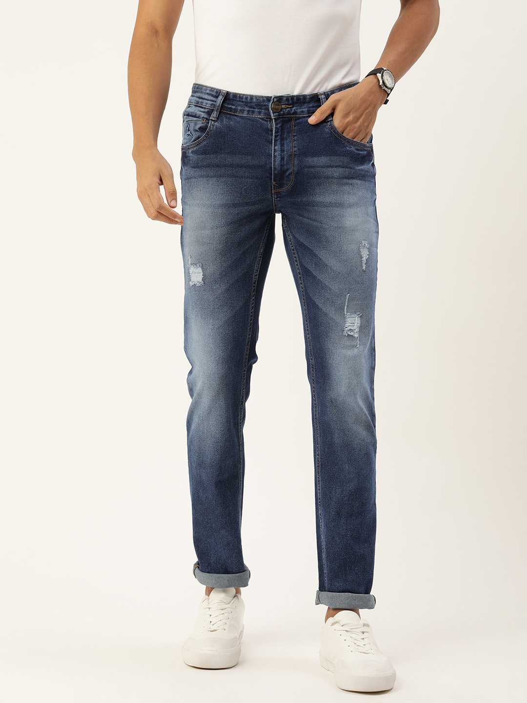 

Parx Men Slim Fit Mildly Distressed Heavy Fade Stretchable Jeans, Blue