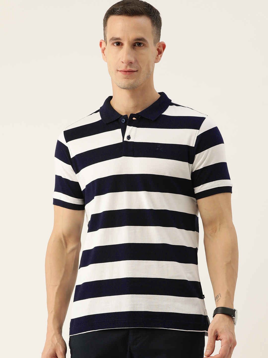 

Parx Casual Wear Collection Striped Polo Collar Pure Cotton T-shirt, Blue