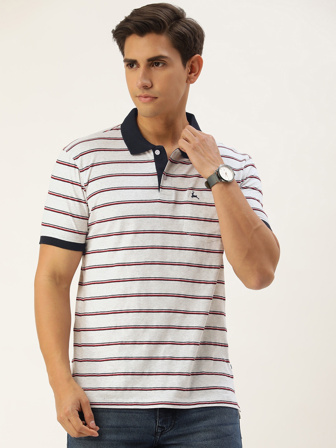 

Parx Striped Polo Collar Pure Cotton Chest Pocket T-shirt, Grey melange