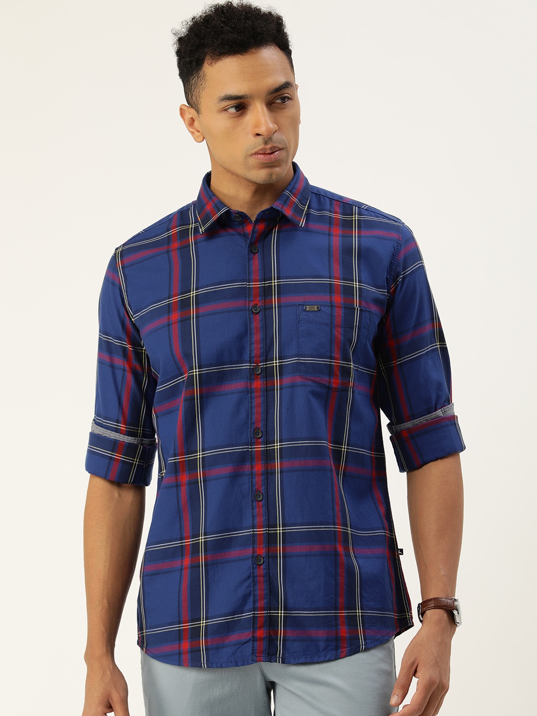 

Parx Pure Cotton Slim Fit Opaque Checked Casual Shirt, Blue