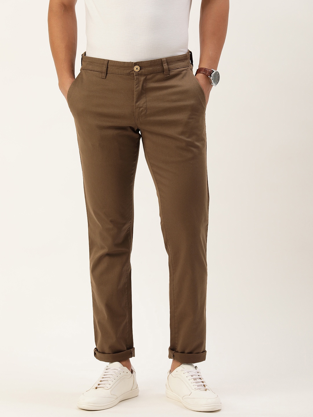 

Parx Men Tapered Fit Low-Rise Chinos, Brown