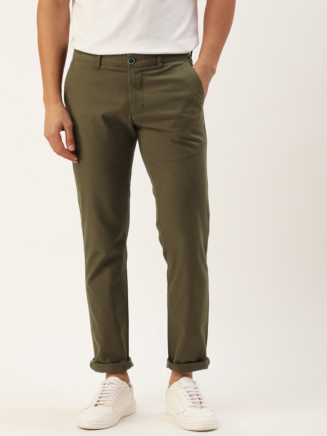 

Parx Men Tapered Fit Low-Rise Semi Formal Chinos Trousers, Olive