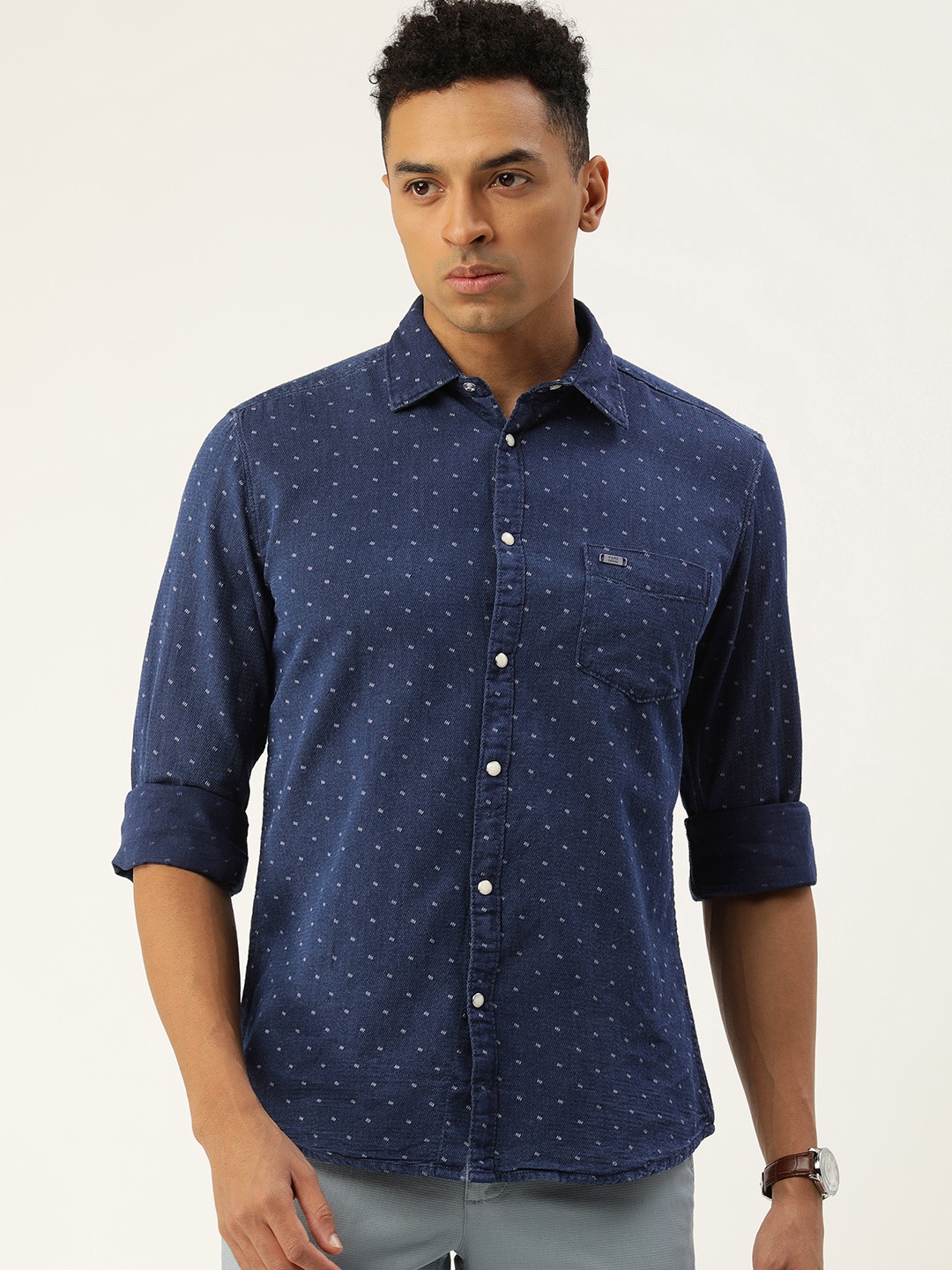 

Parx Pure Cotton Slim Fit Printed Casual Shirt, Navy blue