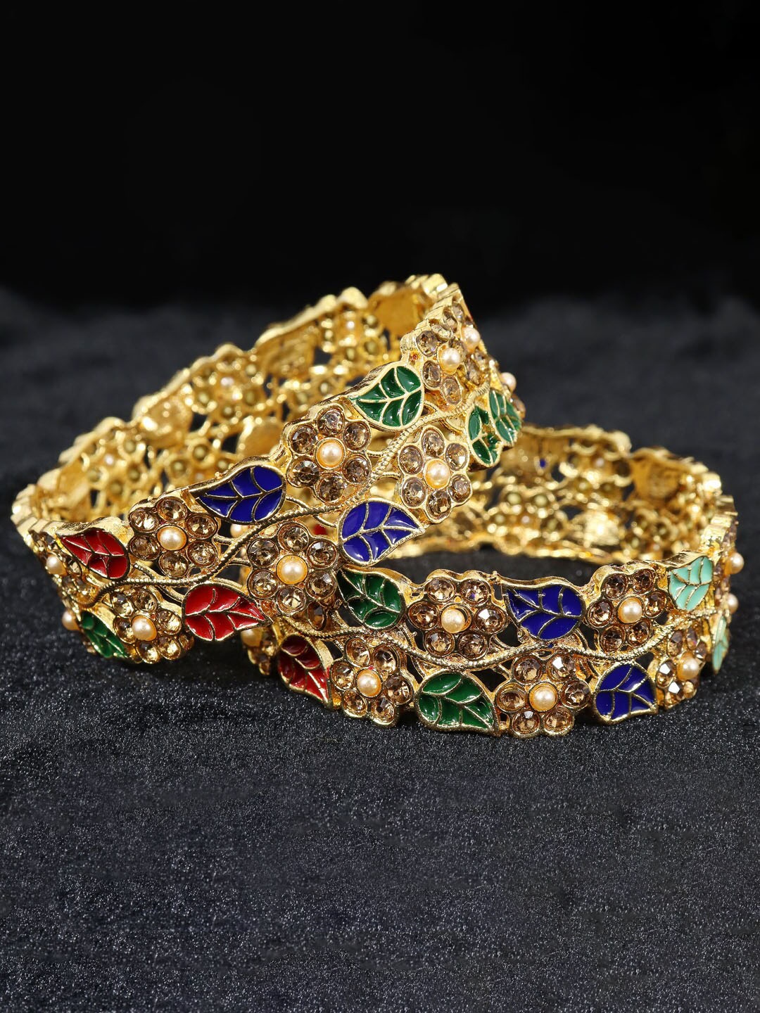 

NMII Set Of 2 CZ-Studded Leaf Design Bangles, Gold