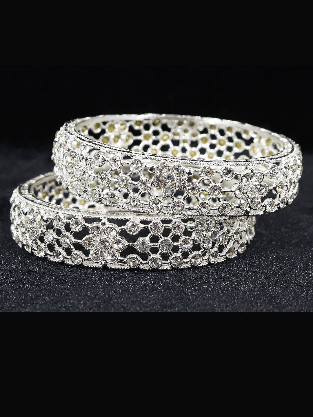 

NMII Set Of 2 Zircon Gemstone Studded Metal Kada Bangles, Silver