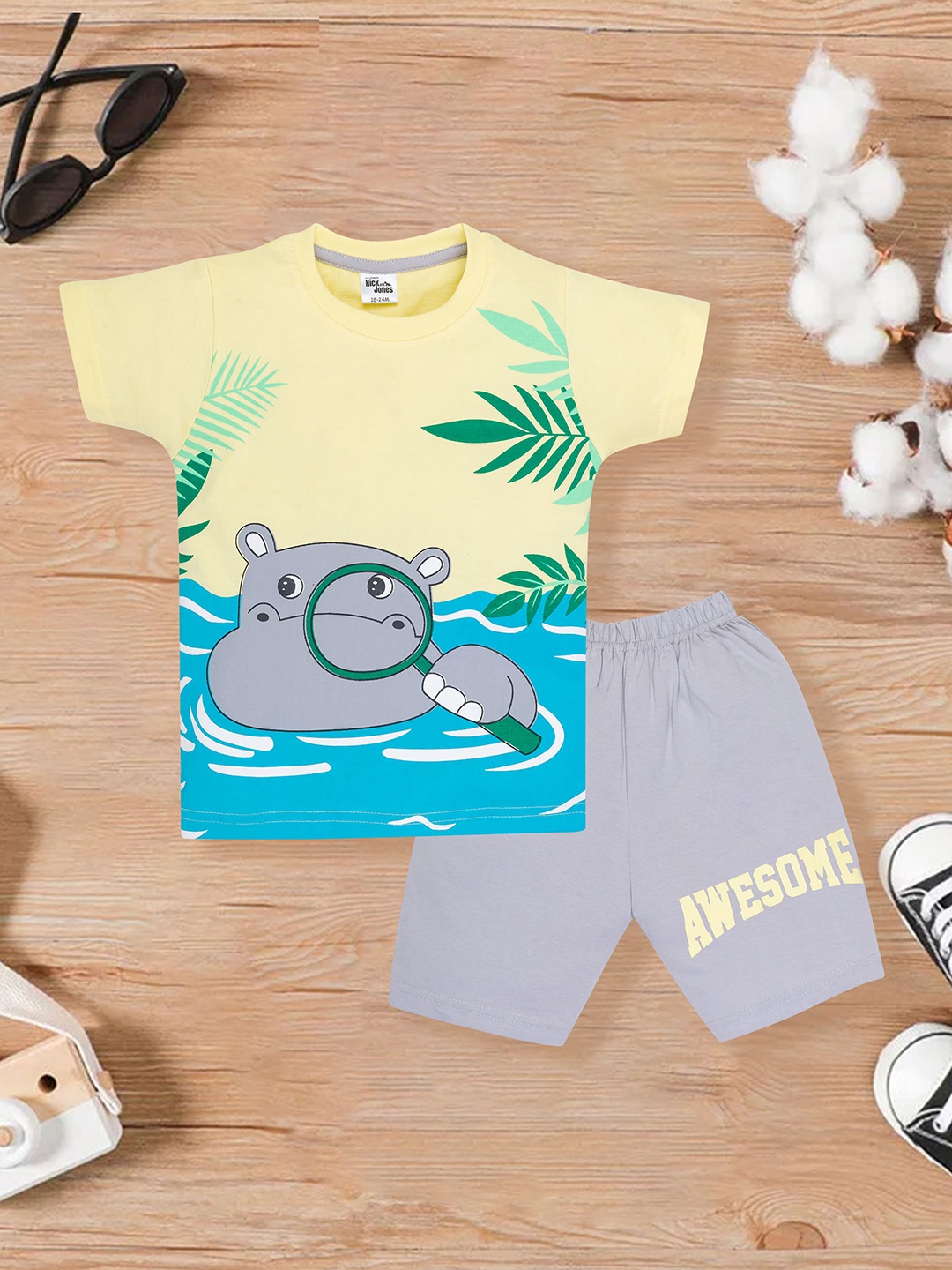 

Nick and Jones Kids Graphic Printed Pure Cotton T-shirt With Shorts, Yellow