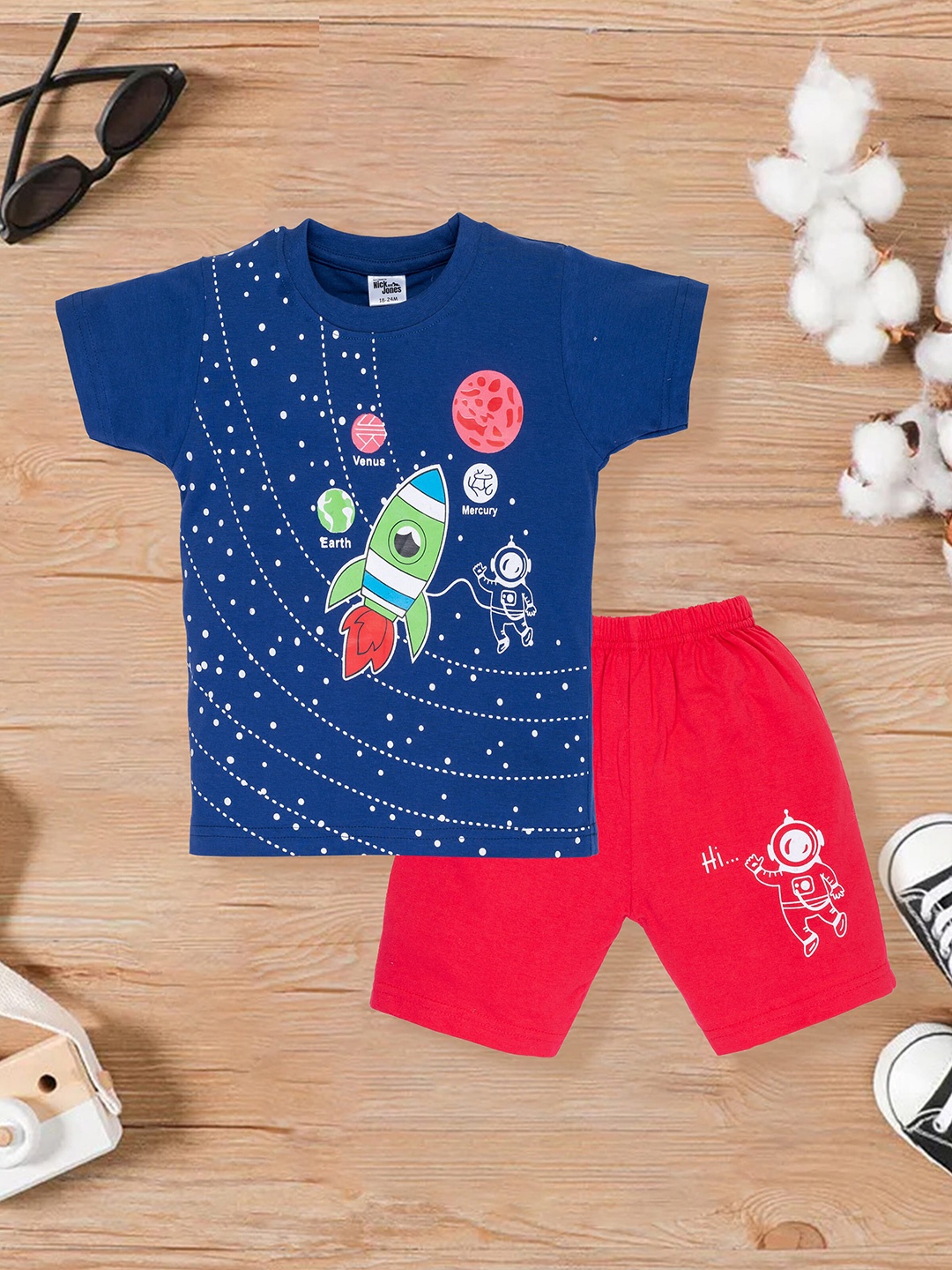 

Nick and Jones Kids Graphic Printed Pure Cotton T-shirt With Shorts, Navy blue
