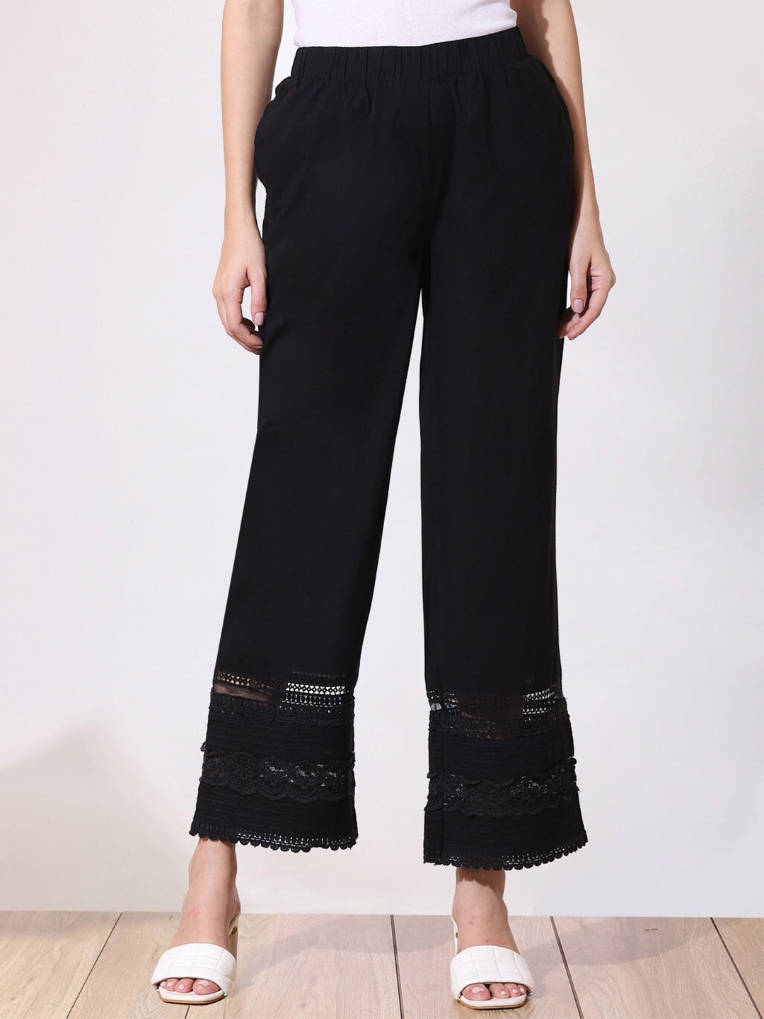 

Lakshita Women Hem Design Cotton Palazzos, Black