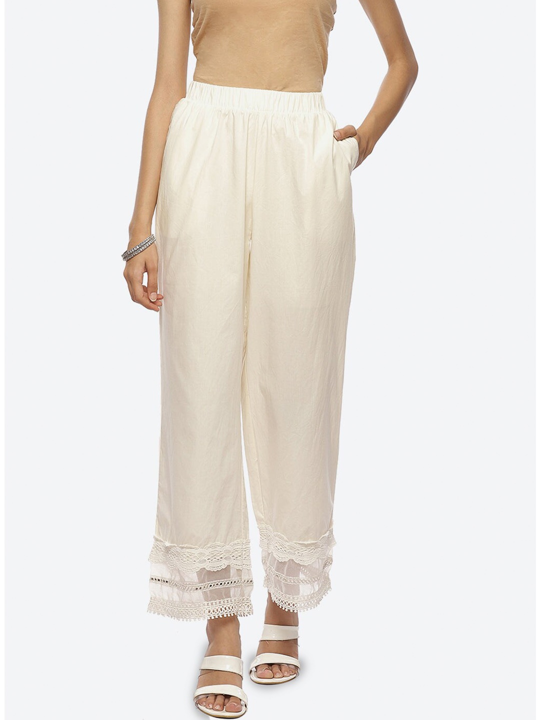 

Lakshita Women Off White Ethnic Motifs Hem Design Linen Palazzos
