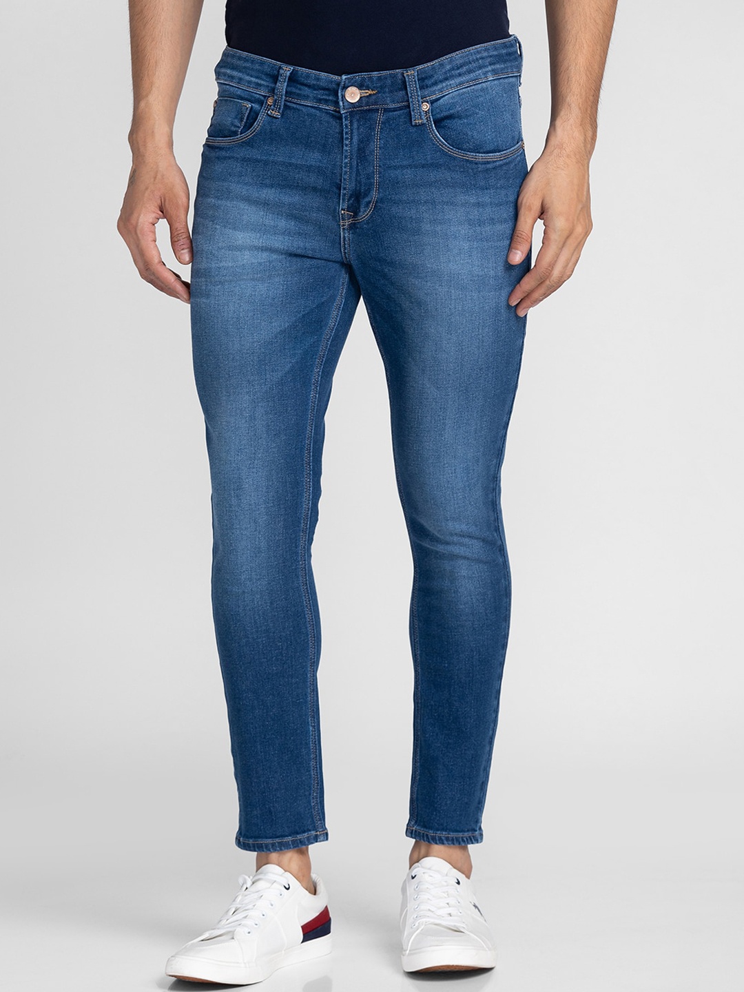 

SPYKAR Men Kano Mid Rise Light Fade Slim Fit Cropped Jeans, Blue