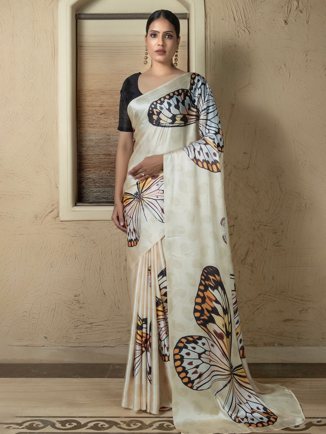 

Anouk Cream & Black Butterfly Printed Satin Saree