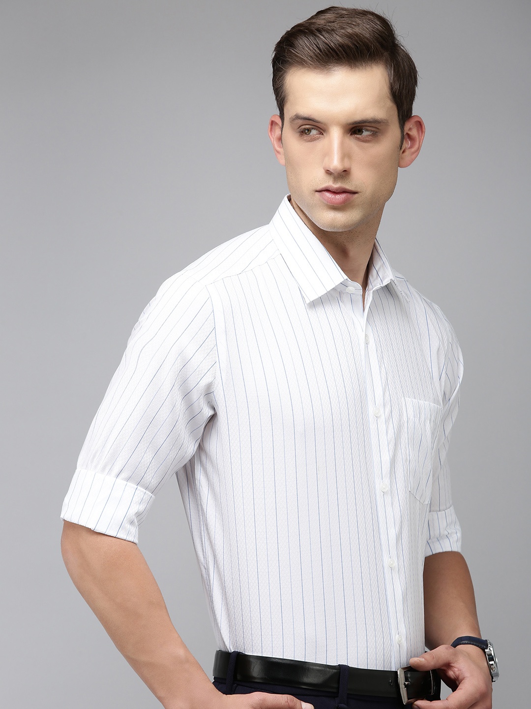 

Park Avenue Men Striped Pure Cotton Formal Shirt, Blue