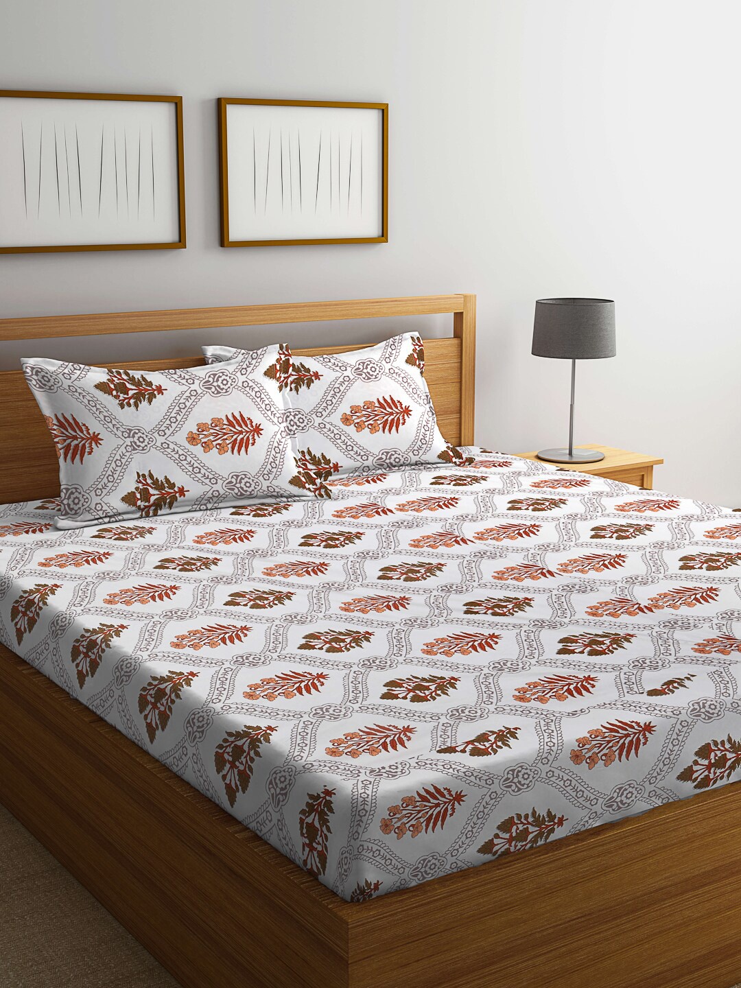 

KLOTTHE White & Brown Ethnic Motifs 300 TC King Bedsheet With 2 Pillow Covers