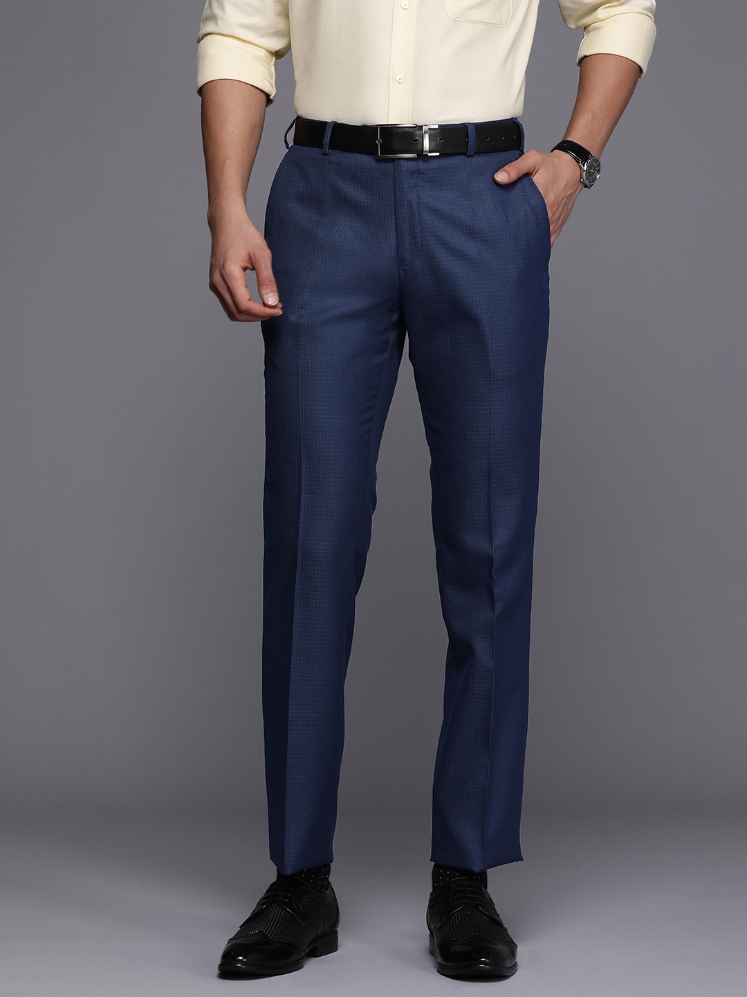 

Raymond Men Textured Micro Checked Flat-Front Slim Fit Formal Trousers, Blue