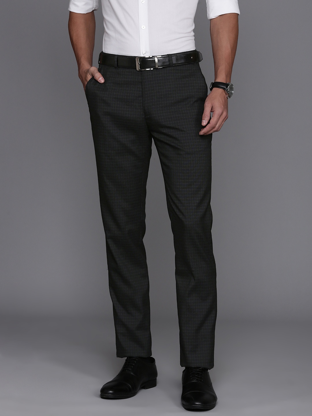 

Raymond Men Slim Fit Checked Formal Trousers, Black