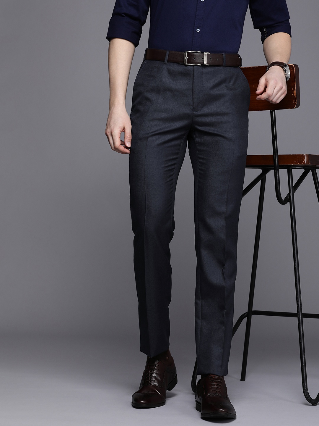 

Raymond Men Solid Flat-Front Slim Fit Formal Trousers, Navy blue