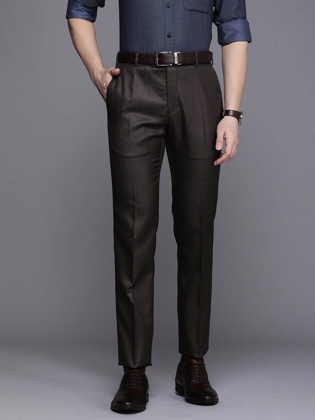 

Raymond Men Textured Self Design Flat-Front Slim Fit Formal Trousers, Brown