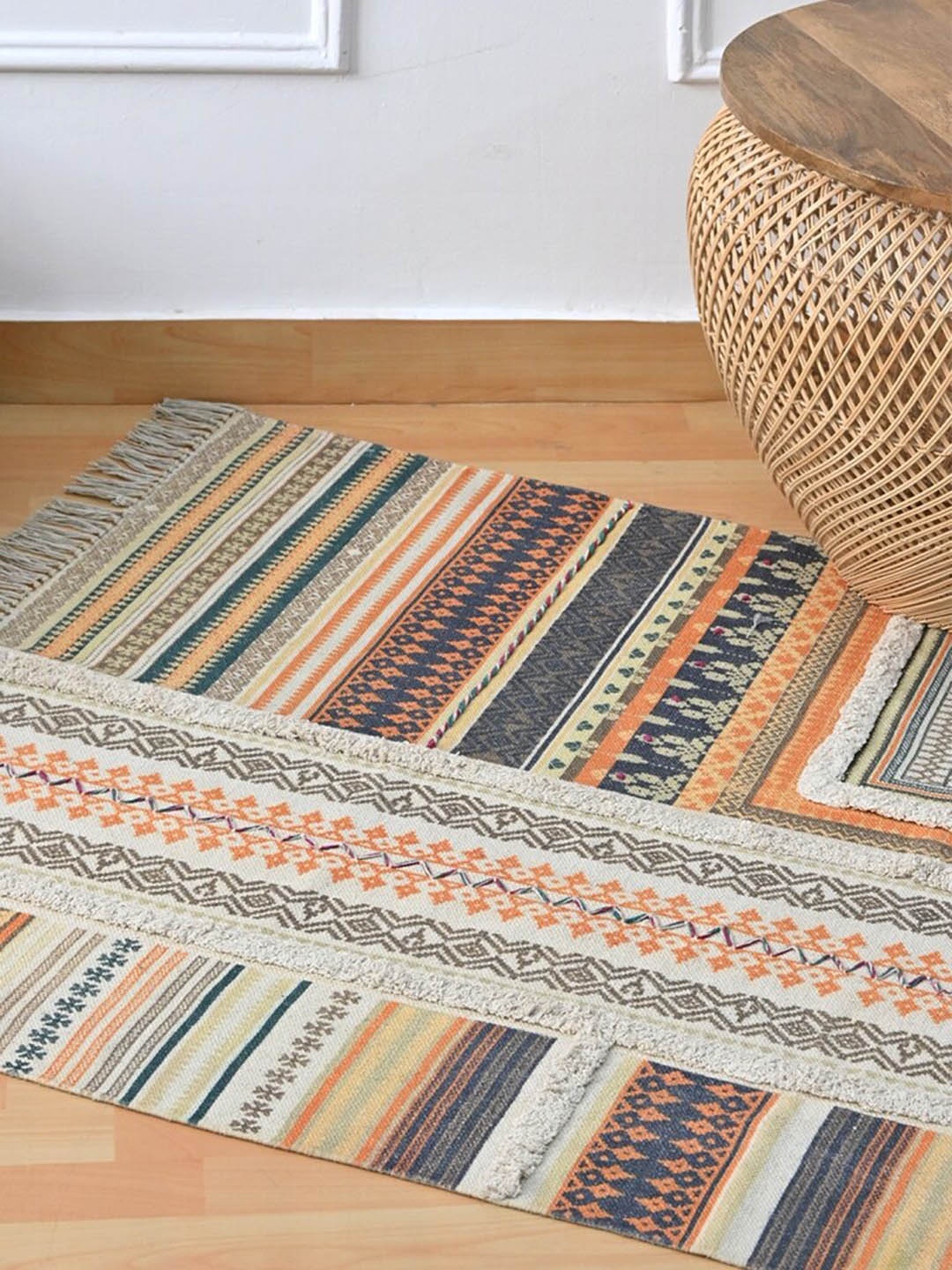 Art Avenue Orange & Green Ethnic Motifs Printed Cotton Carpet