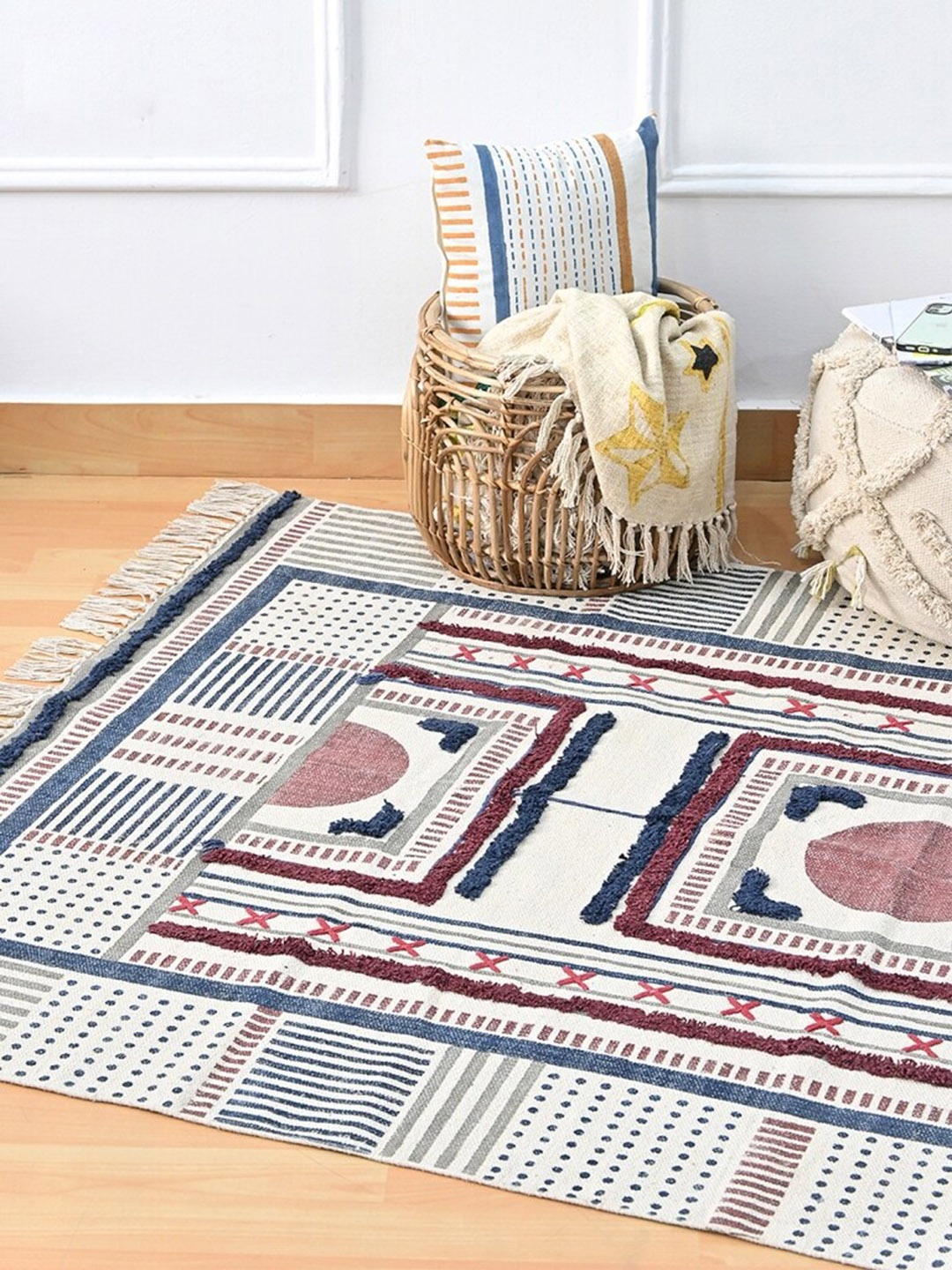 

Art Avenue Yellow & Green Printed Cotton Carpet, Blue