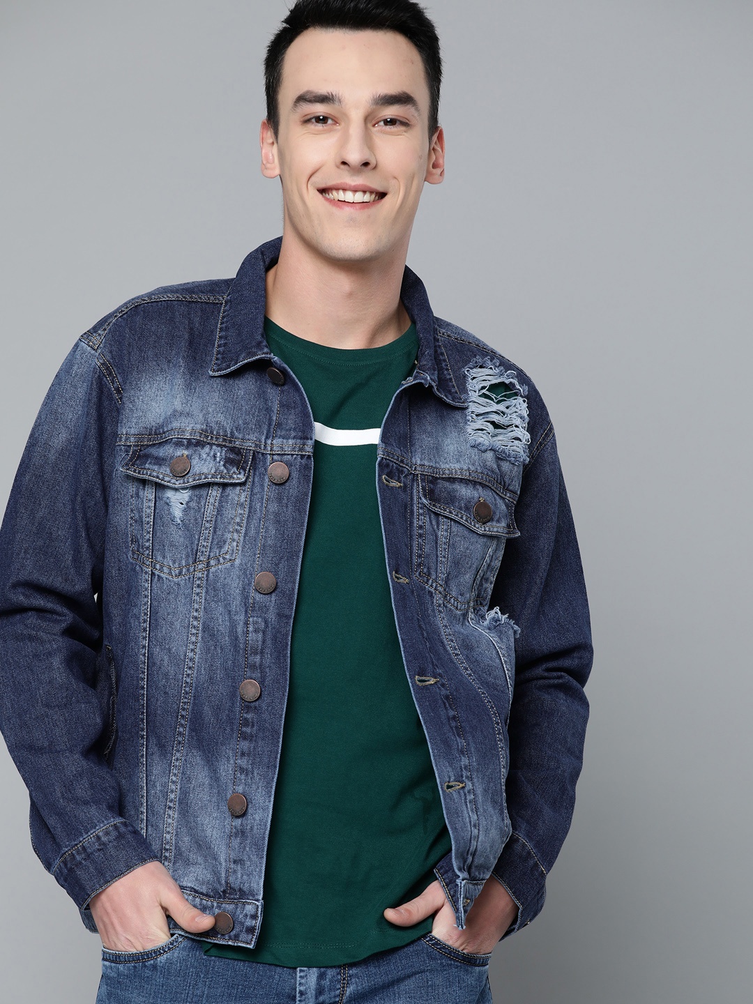 

HERE&NOW Men Blue Washed Distressed Denim Jacket