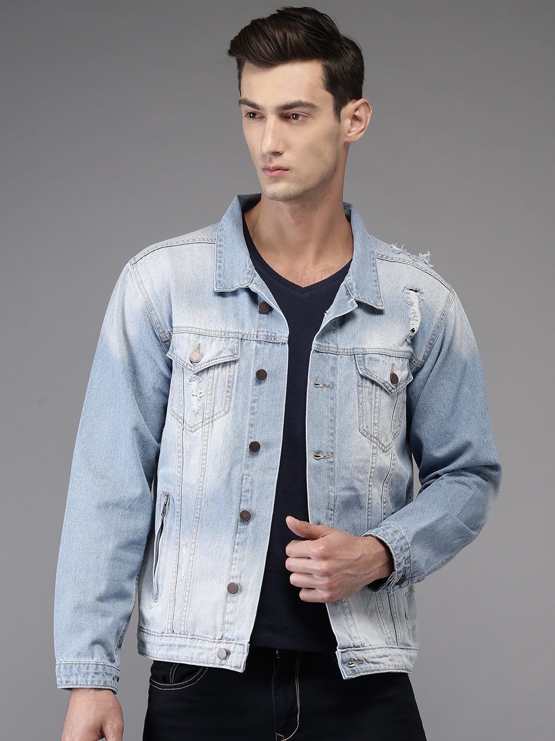 

HERE&NOW Men Blue Solid Denim Jacket