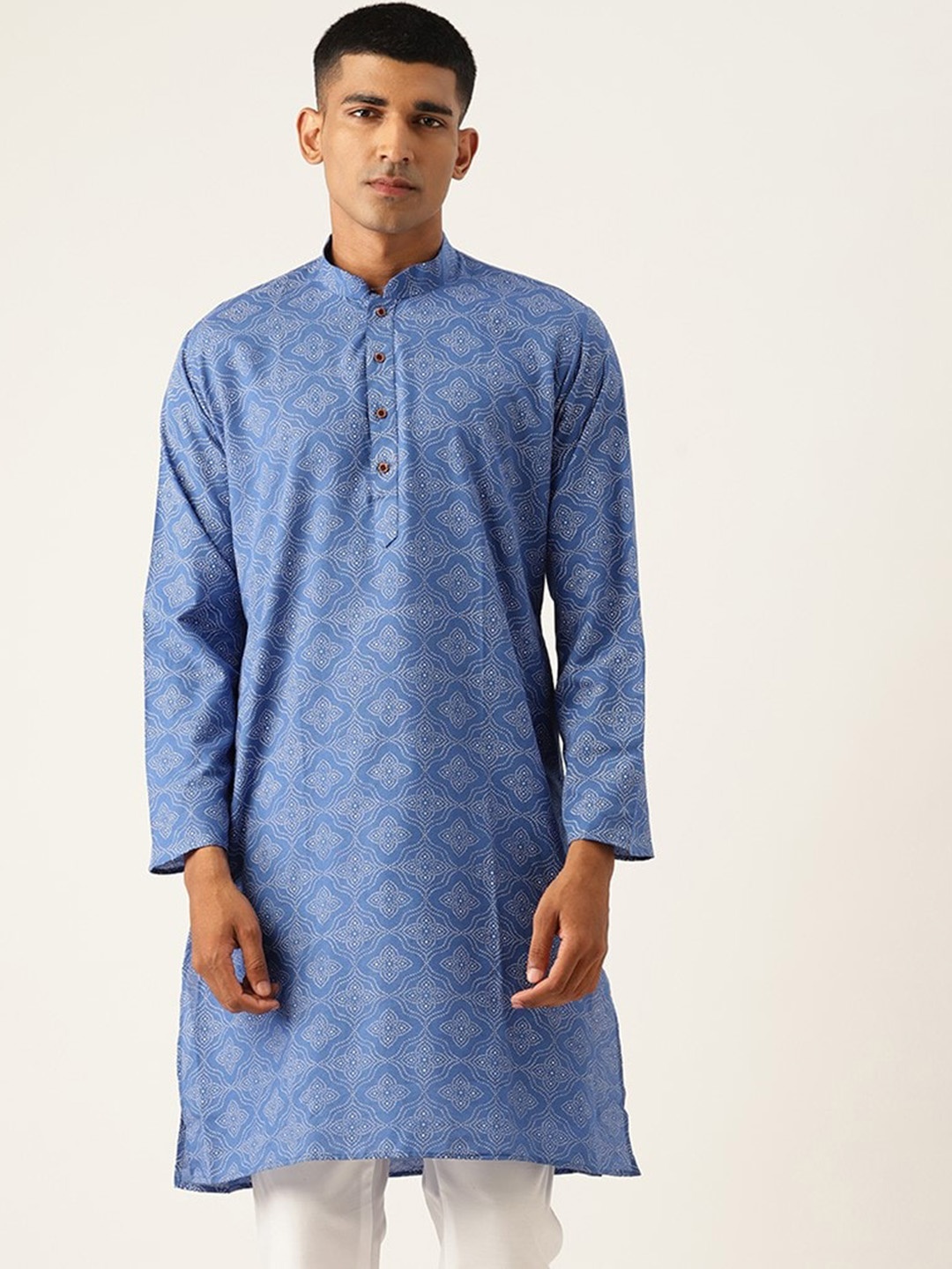 

Armaan Ethnic Mandarin Collar Ethnic Printed Cotton Regular Kurta, Blue